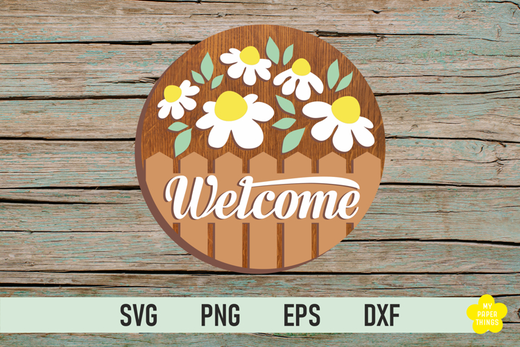 Welcome Spring Round Door Sign Laser Cut File with Daisies