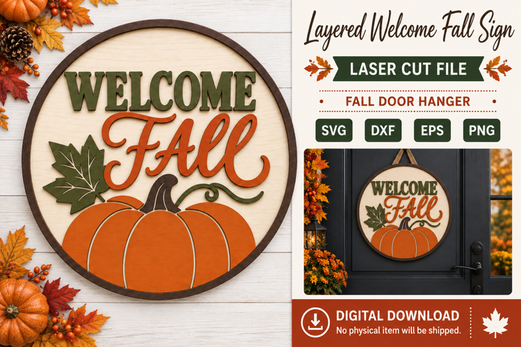Welcome Fall Pumpkin Sign SVG Layered Laser Cut Door Hanger