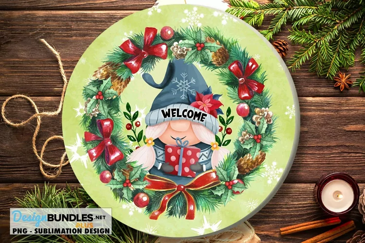 Round Welcome Gnome Girl Christmas Gnome Sublimation Design