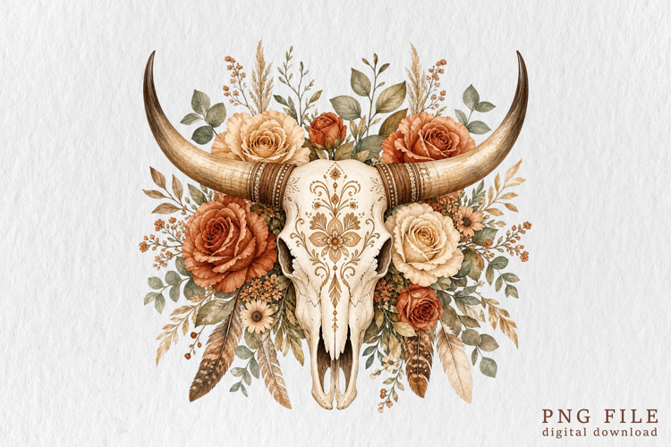 Western Boho Floral Cow Skull PNG