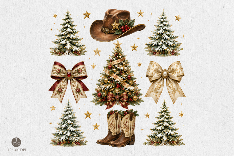 Western Christmas Png, Cowboy Boots and Snowy Tree Design