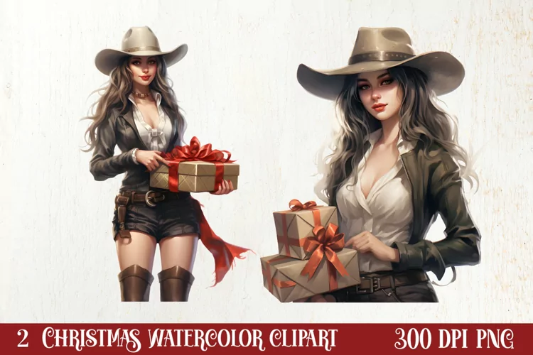 Western Christmas Watercolor Clipart