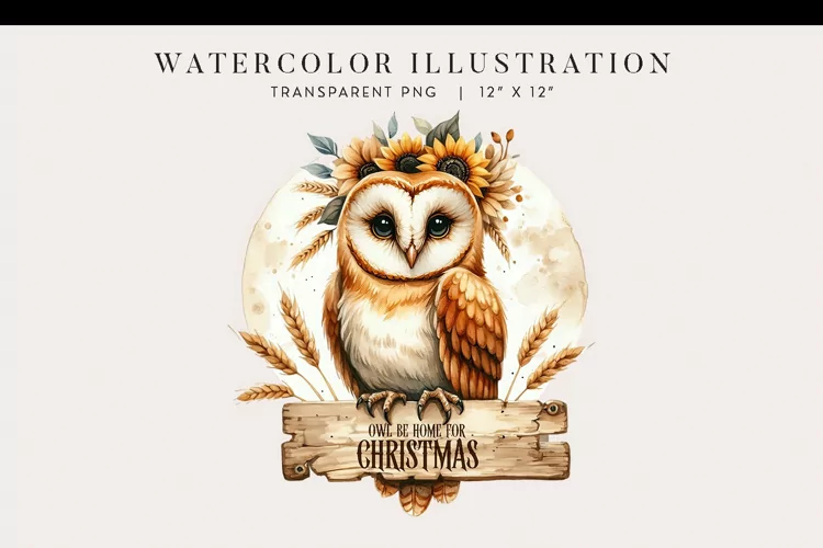 Western Christmas Watercolor Owl Clipart