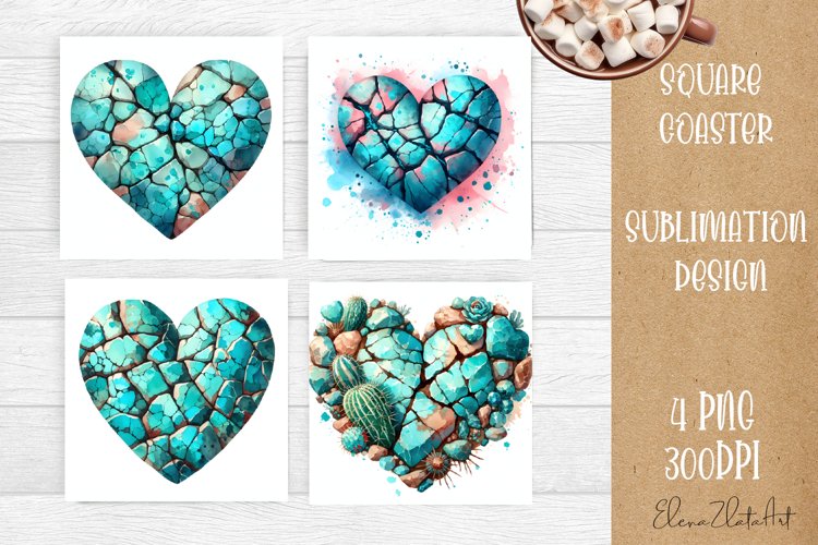 Watercolor Square Coaster Sublimation, western stone heart
