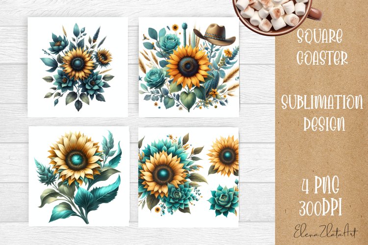 Watercolor Square Coaster Sublimation, western sunflowers