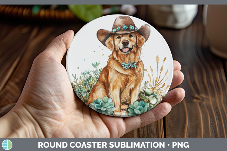 Western Cowboy Dogs -09 Golden Retriever Round Coaster Subli
