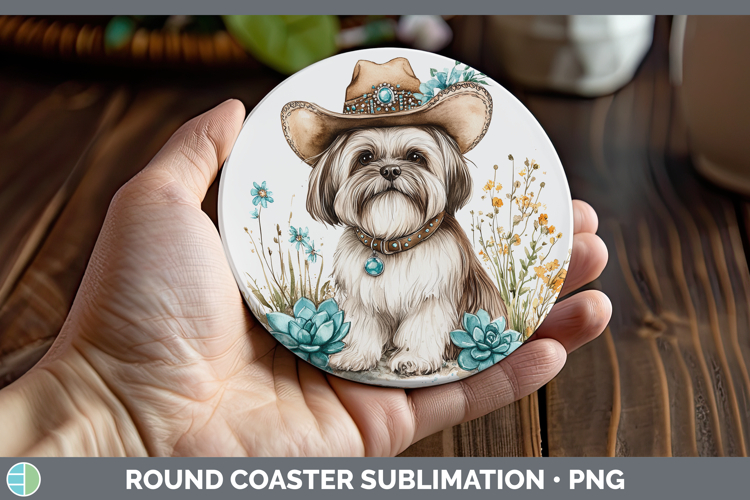 Western Cowboy Dogs -12 Lhasa Apso Round Coaster Sublimation