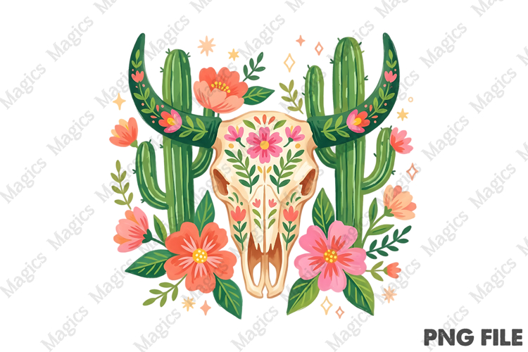 Western Floral Cow Skull PNG