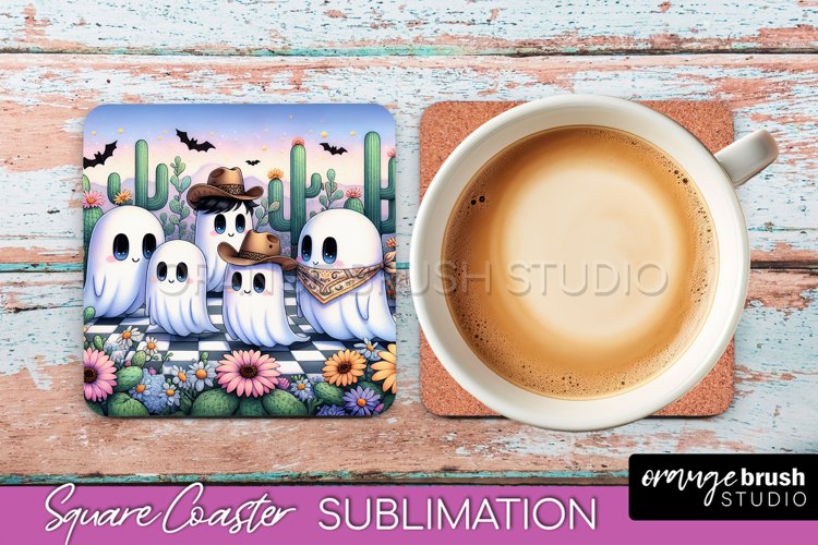 Western Halloween Coaster, Retro Ghost Square Coaster PNG