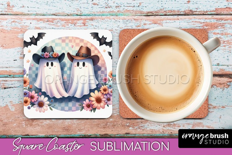 Western Halloween Coaster, Retro Ghost Square Coaster PNG