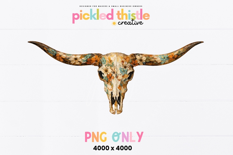 Floral Cow Skull PNG, Boho Western Longhorn