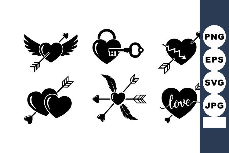 Heart and arrow love symbols with wings and lock in blac
