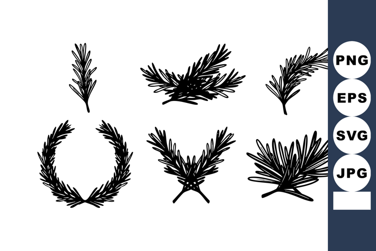 Black and white pine branch and wreath silhouette vector ill