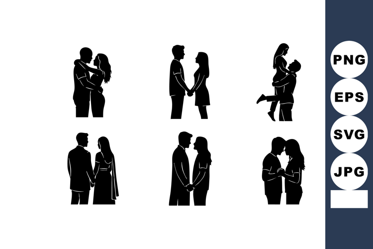 Romantic couple silhouettes in various poses holding hands a