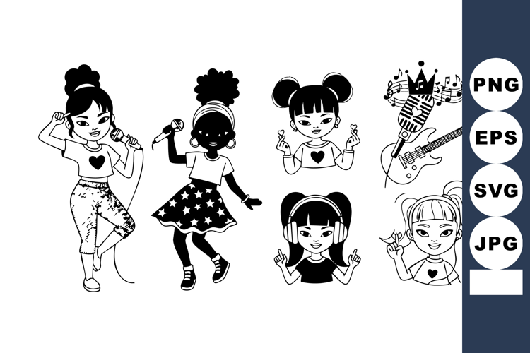 Diverse young girls singing and dancing with musical instrum