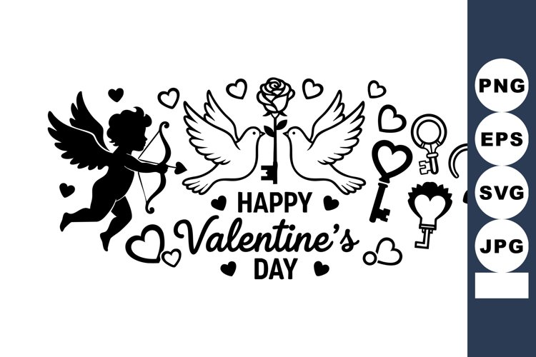 Cupid with bow and arrow and doves holding key and rose for