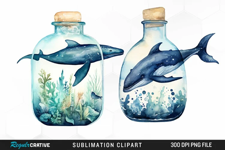 Whale in Bottle Watercolor Sublimation PNG Clipart
