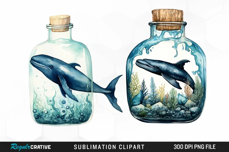 Whale in Bottle Watercolor Sublimation PNG Clipart
