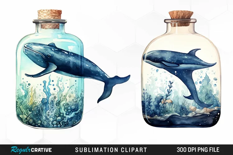 Whale in Bottle Watercolor Sublimation PNG Clipart