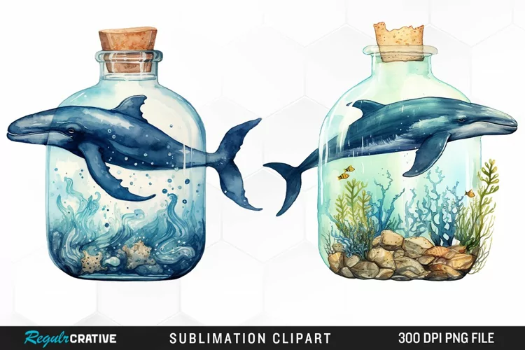 Whale in Bottle Watercolor Sublimation PNG Clipart