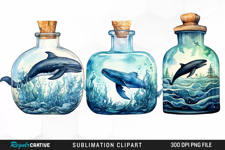 Whale in Bottle Watercolor Sublimation PNG Clipart