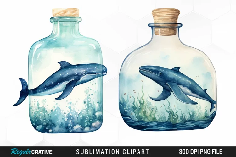 Whale in Bottle Watercolor Sublimation PNG Clipart
