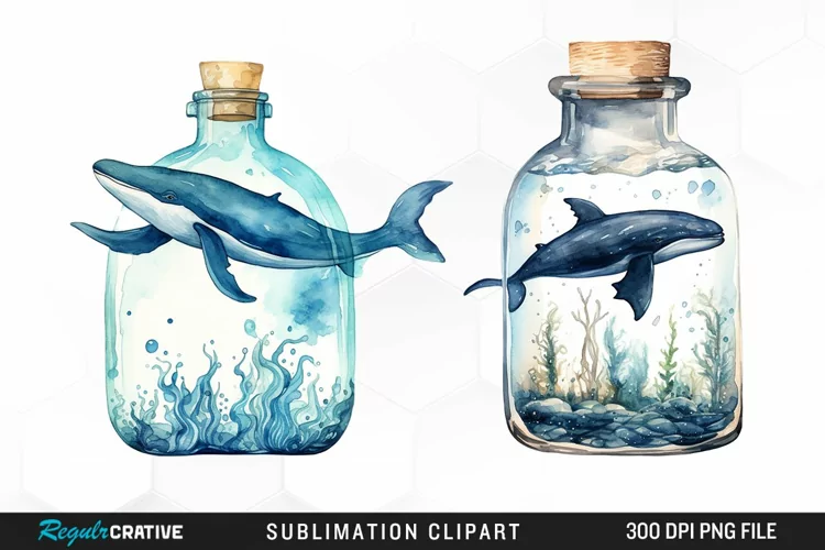 Whale in Bottle Watercolor Sublimation PNG Clipart