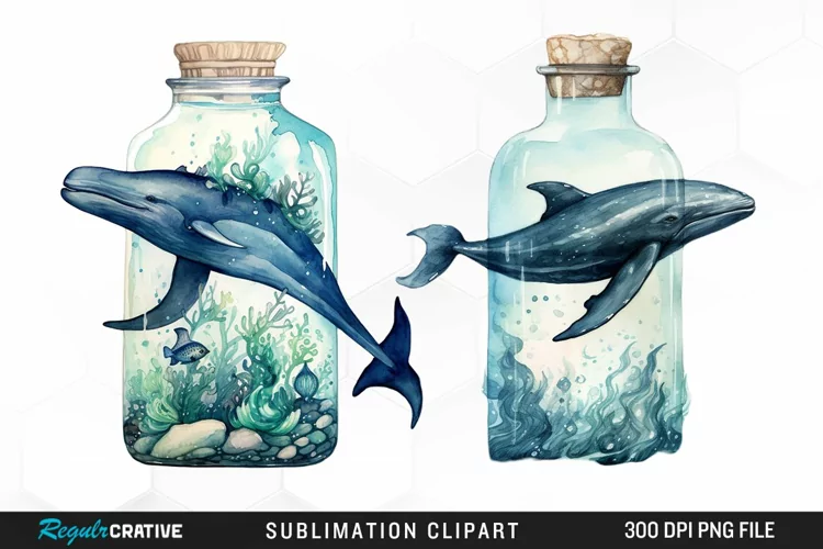 Whale in Bottle Watercolor Sublimation PNG Clipart