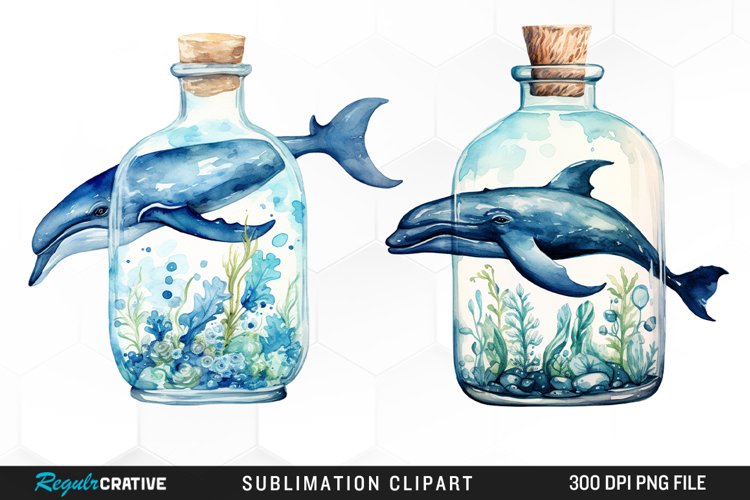 Whale in Bottle Watercolor Sublimation PNG Clipart