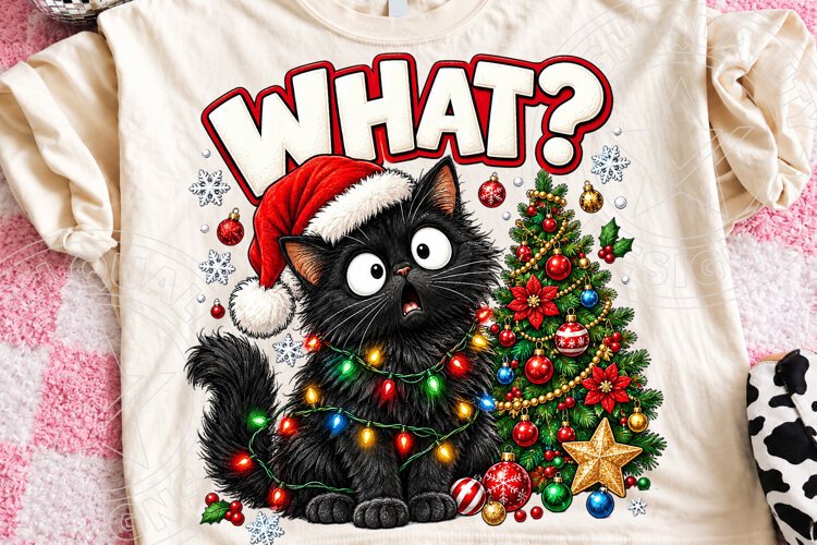 Funny Christmas Cat PNG, Black Cat Wearing Santa Hat with Co example image 1