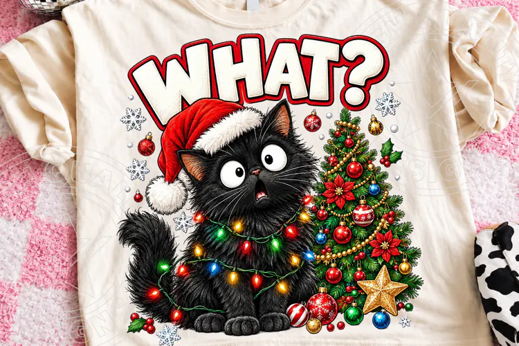 Funny Christmas Cat PNG, Black Cat Wearing Santa Hat with Co