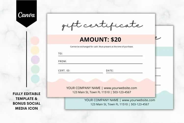 Editable Gift Certificate Canva Template 1 - 5 Colors