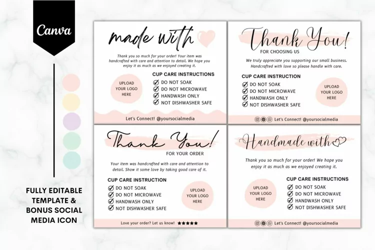 Editable 4 Cup Care Instruction Templates Bundle - 5 Colors