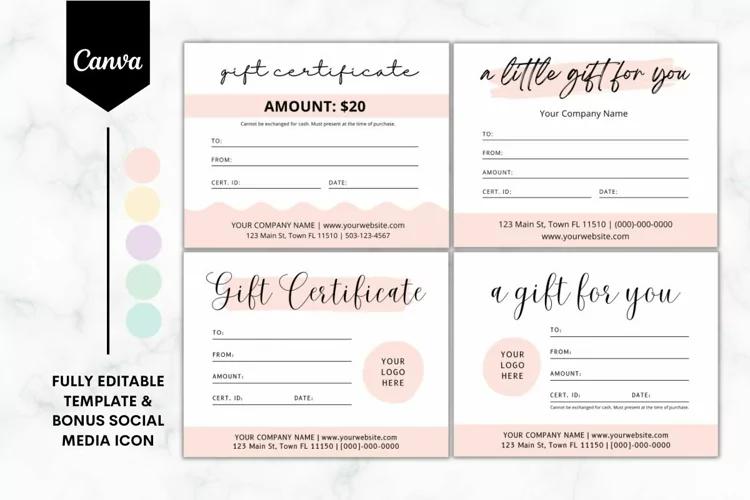 Editable 4 Gift Certificate Canva Template Bundle - 5 Colors