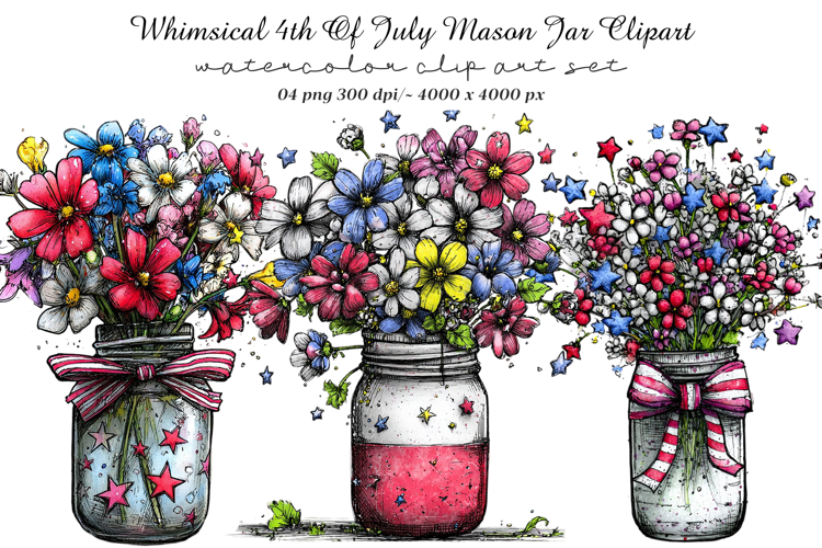Whimsical 4th Of July Mason Jar Clipart