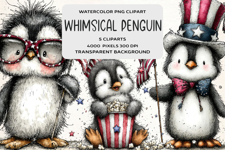 Whimsical 4th Of July Penguin Clipart