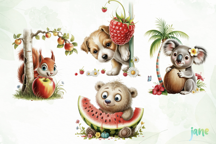 Whimsical Animals with Fruits Clipart example image 1
