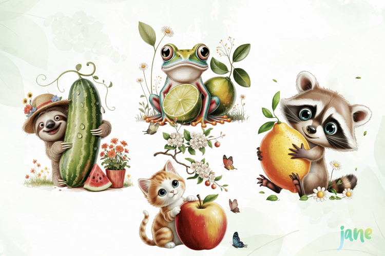 Whimsical Animals with Fruits Clipart example image 1