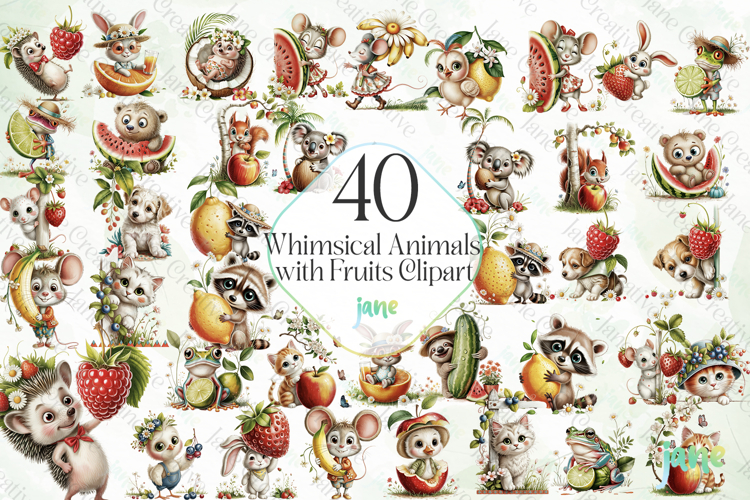 Whimsical Animals with Fruits Clipart