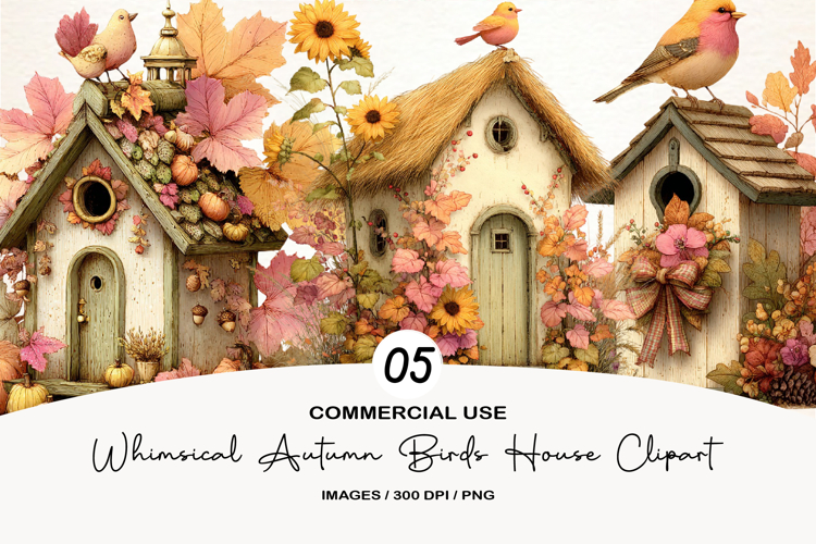 Whimsical Autumn Birds House Clipart