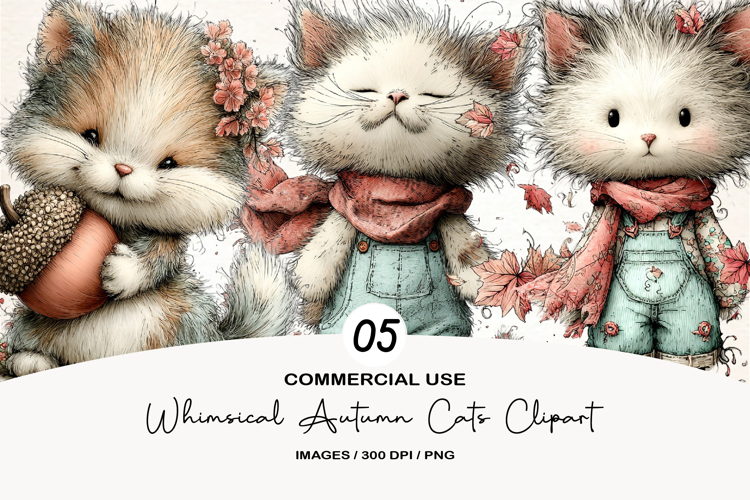 Whimsical Autumn Cats Clipart