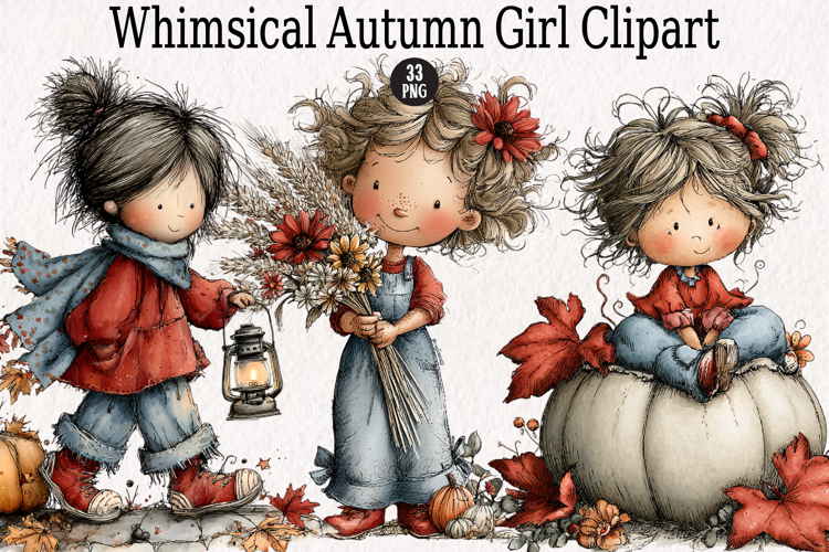 Whimsical Autumn Girl Clipart example image 1