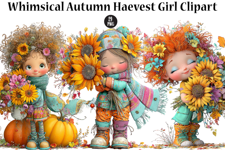 Whimsical Autumn Haevest Girl Clipart