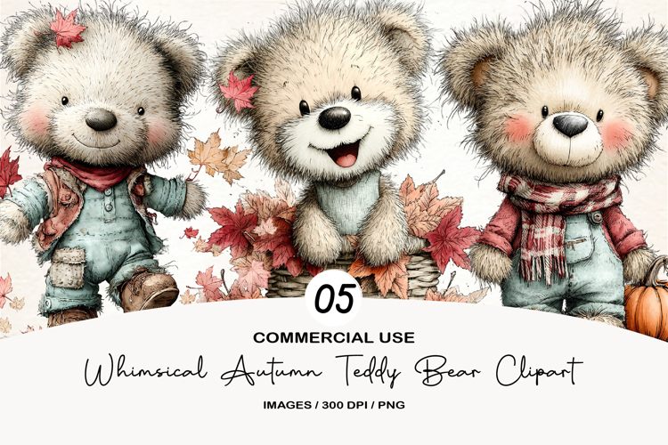 Whimsical Autumn Teddy Bear Clipart