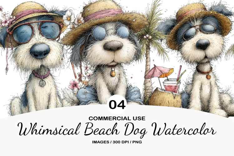 Whimsical Beach Dog Watercolor Clipart
