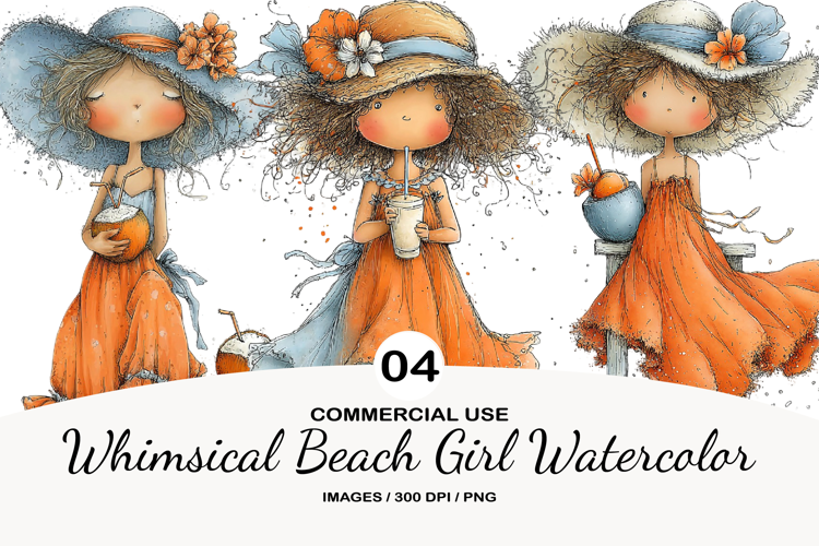 Whimsical Beach Girl Watercolor Clipart