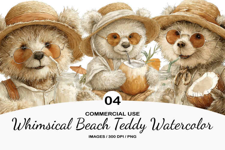 Whimsical Beach Teddy Watercolor Clipart