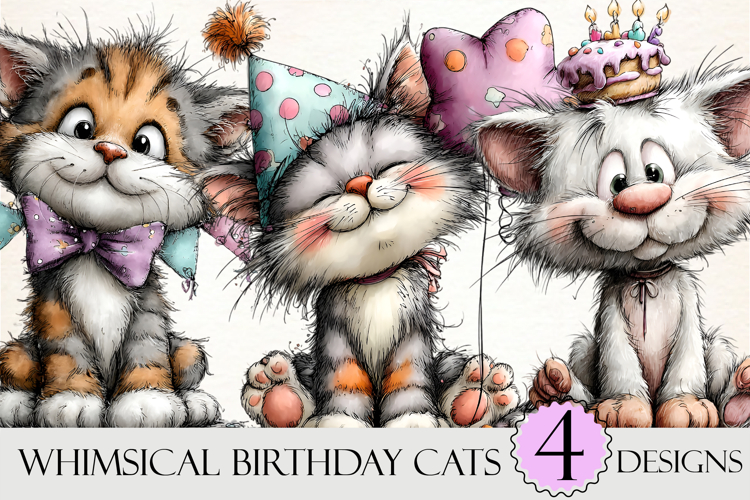 Whimsical Birthday Cats Clipart