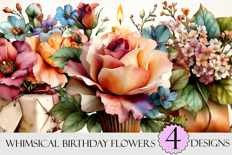 Whimsical Birthday Flowers Clipart