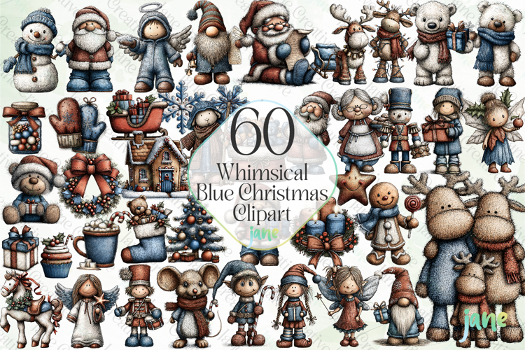 Whimsical Blue Christmas Clipart Bundle